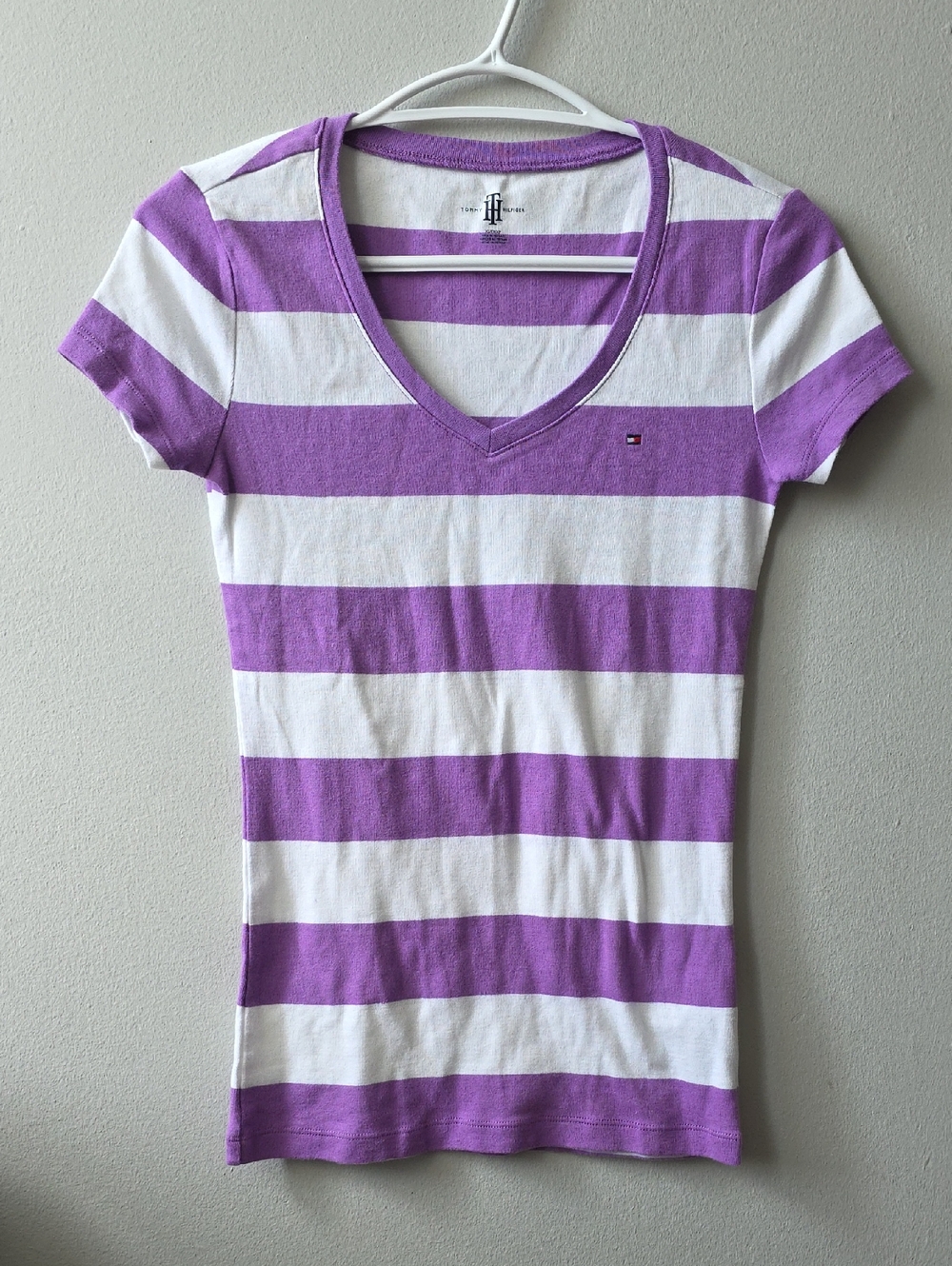 Tommy Hilfiger White & Purple Striped V-Neck Tee